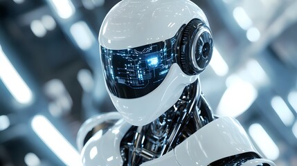 13. Futuristic robot with smooth chrome armor and glowing circuits in a high-tech environment