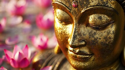 A golden Buddha statue sits peacefully among a field of pink lotus flowers