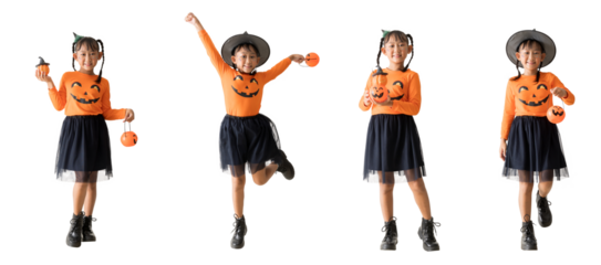 Set of happy smiling Asian child girl wear halloween witch costume, with looking surprise posing full body portrait, isolated on white background, png