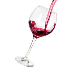 serving red wine in transparent glass and white background