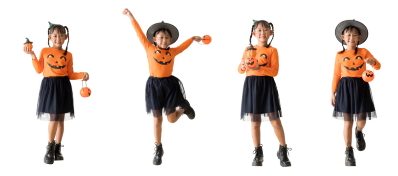 Set of happy smiling Asian child girl wear halloween witch costume, with looking surprise posing full body portrait, isolated on white background, png