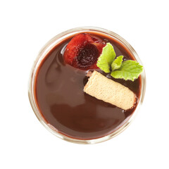 delicious strawberry jam in glass bowl with mint leaves isolated on white