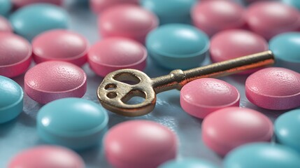 The Key to Wellness: A golden key rests among pastel pink and blue pills, symbolizing the path to health and well-being.  A conceptual image for holistic health, medication, or finding solutions.