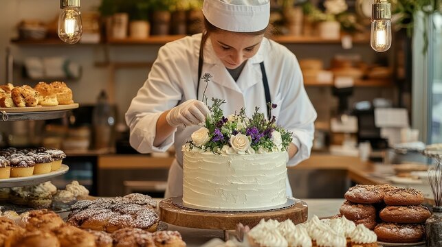 A baker decorates a white wedding cake with fresh flowers in a bakery.
