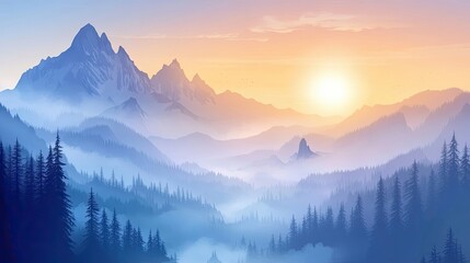 Misty Mountain Range at Sunrise with a Sunlit Sky