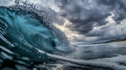 A close-up of a wave under a cloudy sky, with the gray clouds reflecting on the water's surface