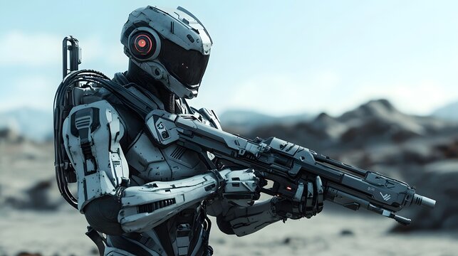 15. Sci-fi soldier in exoskeleton armor holding a futuristic weapon in a barren landscape