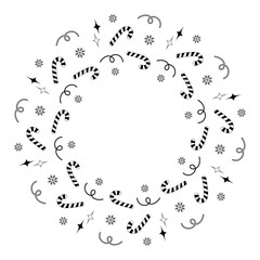 Candy cane, snowflakes, stars and serpentine Black and white Circle frame border. Christmas template