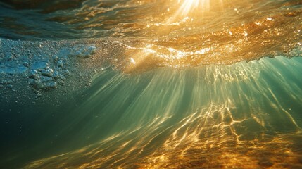 A close-up of a wave with sunlight streaming through, creating rays of light that penetrate the water
