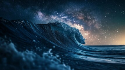 Fototapeta premium A close-up of a wave with the Milky Way visible in the night sky above, creating a surreal and otherworldly scene