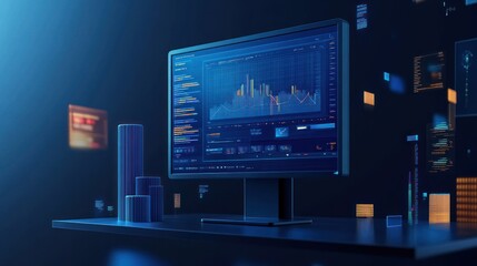 Obraz premium A digital screen displaying financial data and analytics in a modern workspace.