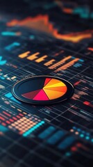 Obraz premium A colorful pie chart on a digital data background, representing analytics and statistics.