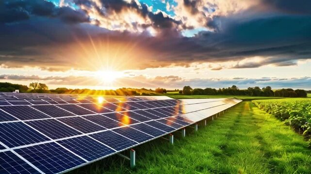 A group of solar panels on a green field, highlighting the solution of incorporating renewable energy sources in planning
