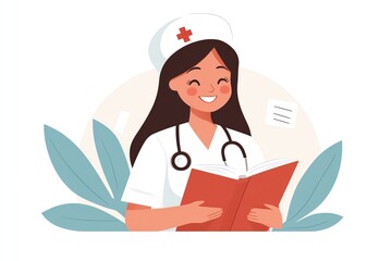 Smiling nurse reading a book with stethoscope and nurse cap, surrounded by leaves and medical icons.