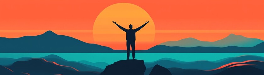 Fototapeta premium Silhouette of person with arms raised, standing on a mountain peak at sunset, celebrating achievement and success.