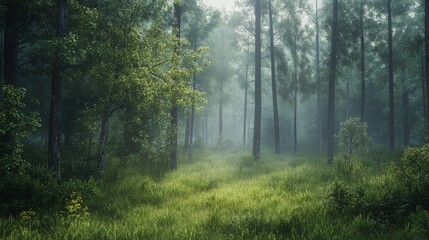 Obraz premium A misty forest scene in the early morning, with soft light gently breaking through the thick canopy