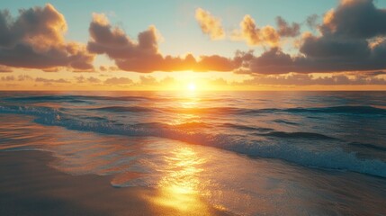 Fototapeta premium A quiet beach at golden hour, the sun sinking into the ocean