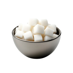 A bowl filled with white sugar cubes on a white background.