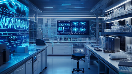 Fototapeta premium A high-tech lab filled with glowing biotech research equipment and data screens v2
