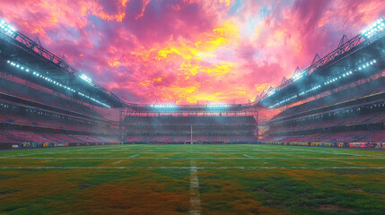 A packed stadium with a beautiful sunset in the background.