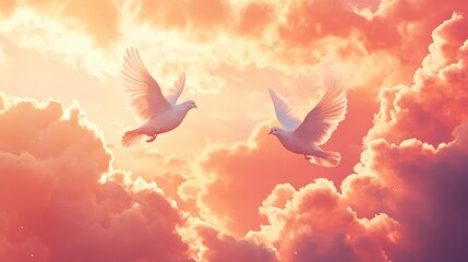A sky with two clouds shaped like doves flying close together, surrounded by soft pink and orange hues