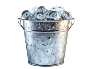 A metal bucket filled with ice and refreshing beverage cans, perfect for summer gatherings.