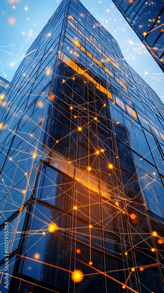 Canvas Prints A modern skyscraper with digital overlay representing connectivity and technology.