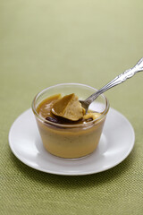 watalappam, Sri Lankan coconut custard pudding with peacock palm sugar.
