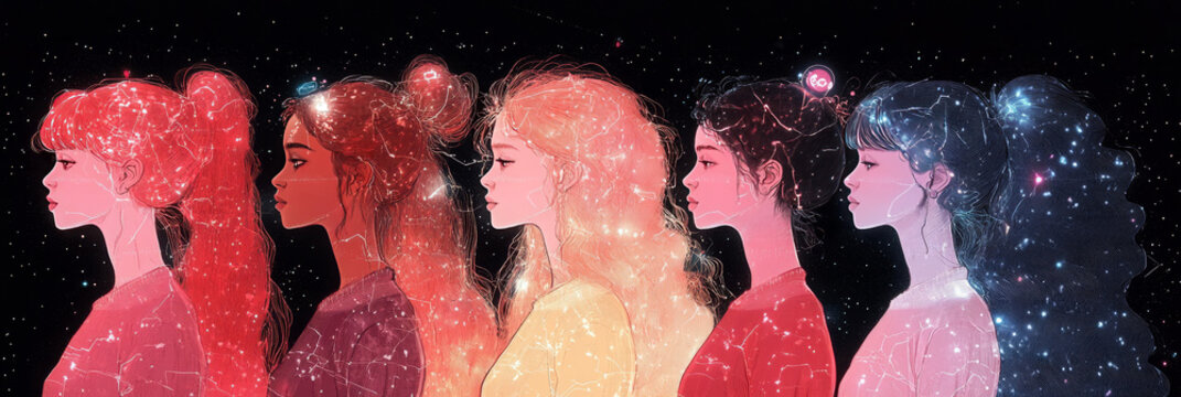 Six women in a row, their hair and bodies transformed into glowing constellations.