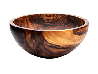 Beautiful wooden bowl with intricate grain patterns, perfect for serving salads or fruits, isolated on white background.