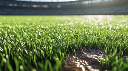 Close-up of stadium grass with visible mud patches, afternoon sunlight