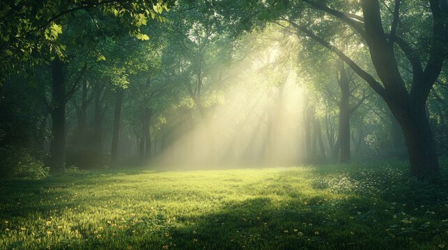 Early morning mist in a forest, with diffused light creating a gentle glow