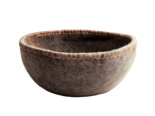 Crafted wooden bowl with a textured finish, isolated on a white background.