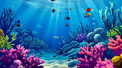 Vibrant underwater scene with colorful corals and fish in a sunlit ocean environment.