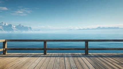 Fototapeta premium Perspective from a wooden viewing deck with no railings, looking out over a boundless ocean
