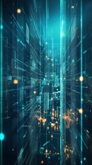 Obraz premium A futuristic digital corridor filled with glowing lines and data streams.