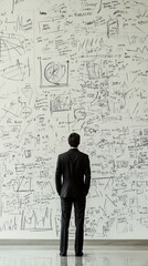 A man in a suit stands before a wall covered in complex diagrams and notes.