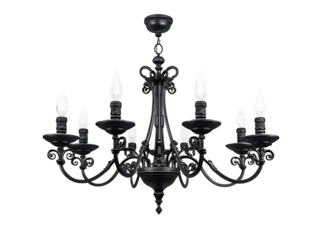 Elegant black chandelier with intricate design and white bulbs, perfect for interior decor.