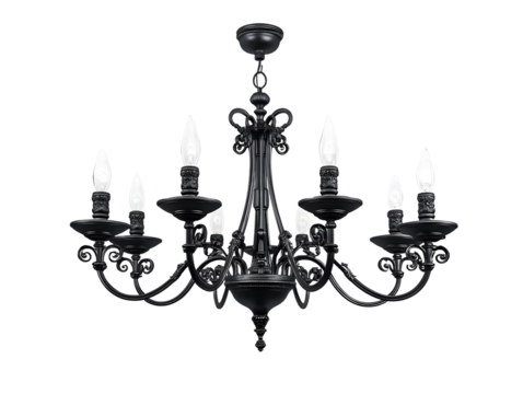 Elegant black chandelier with intricate design and white bulbs, perfect for interior decor.