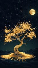 A magical anniversary scene with a glowing golden tree under a starry moonlit sky