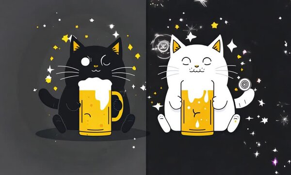 A black cat and a white cat enjoying a beer together