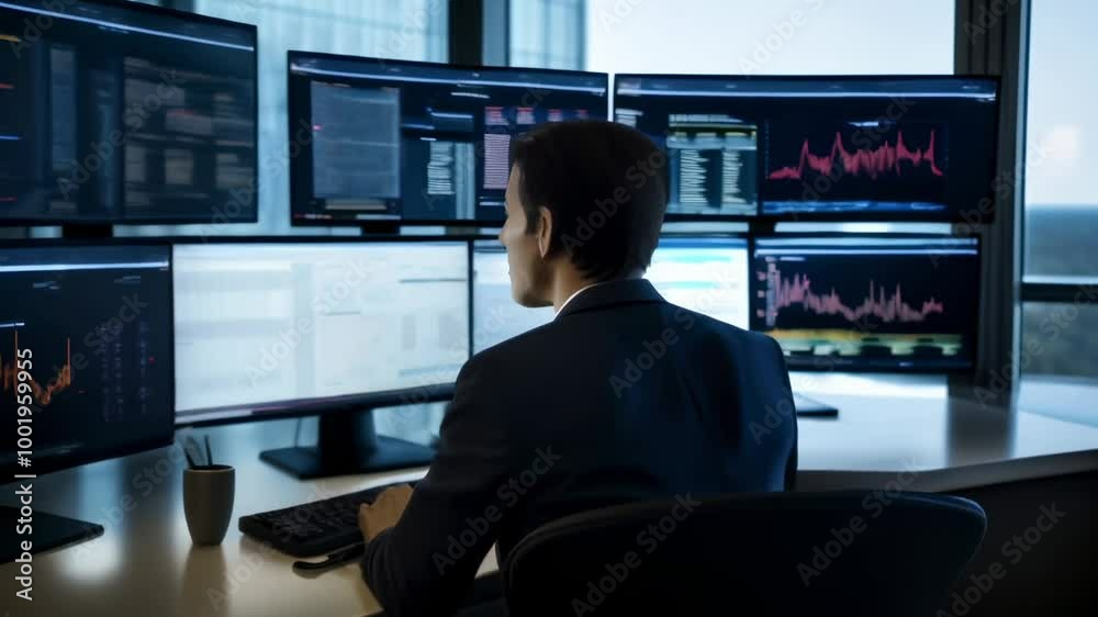 Poster Stock market broker in a suit is working at his desk analyzing data on multiple computer screens with graphs and charts