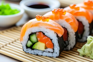 Fresh sushi rolls filled with cucumber, avocado, topped with salmon and roe, served with wasabi and soy sauce. Ideal for sushi restaurant menus and food photography