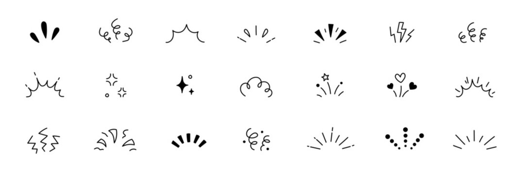 Line confetti exclamation icon elements. Hand drawn confetti explosion burst ray shine line icon illustration. Spark exclamation emphasis ray twinkle starburst decoration. Vector illustration.