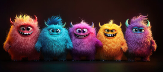 Fototapeta premium fluffy, furry monsters standing next to each other, all in different colors and shapes, smiling at the camera, against a black background