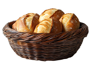 Freshly baked bread rolls in a rustic wicker basket on a white isolate background.