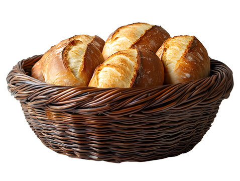 Freshly baked bread rolls in a rustic wicker basket on a white isolate background.