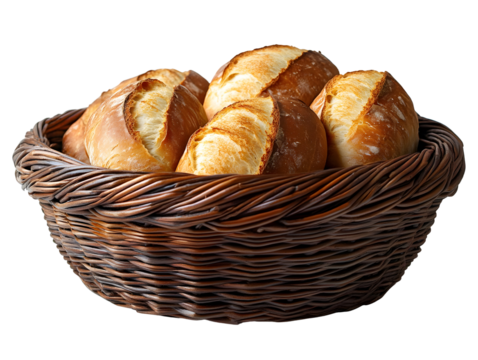 Freshly baked bread rolls in a rustic wicker basket on a white isolate background.