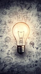 A glowing light bulb against a backdrop of sketches, symbolizing creativity and ideas.