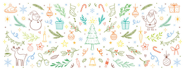 Christmas drawn xmas tree, leaf, holly flower background. Hand drawn doodle sketch holly floral, christmas tree leaves, winter pine. Holiday ornament, rustic wreath sketch doodle. Vector illustration